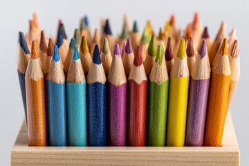 A collection of sharpened colored pencils nestled in a wooden box