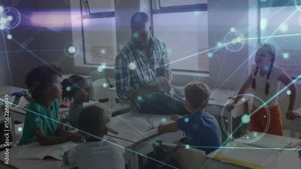 Poster teacher spinning globe and explaining earth features in classroom, network pulsing around students