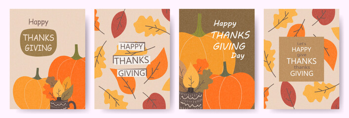 Happy Thanksgiving concept cards, covers, invitation set with colorful autumn leaves and pumpkins. Modern fall season design templates for celebration, advertising, branding, banner, label, poster.