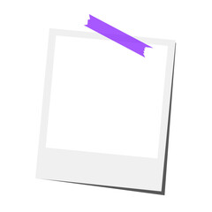 Blank Photo Frame with Purple Tape on Transparent Background. Blank Polaroid Photo Frame with Tape.