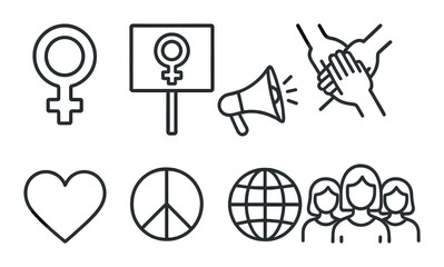 Feminist icon set – outline, equality and empowerment symbols for gender advocacy
