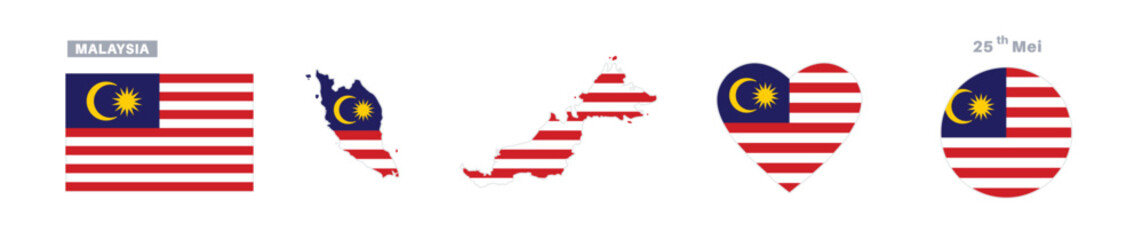 malaysia flag and map set. malaysia flag in official colors and proportions. independence day 25 may, map, circle and heart shaped malaysia 