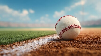 Ultra-realistic close-up of a baseball on a sunlit dirt field, with red stitches and a vivid chalk line leading into lush green outfield grass. Gentle shadows and warm tones evoke the essence