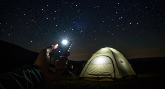 Person uses mobile phone as flashlight in camping tent at night