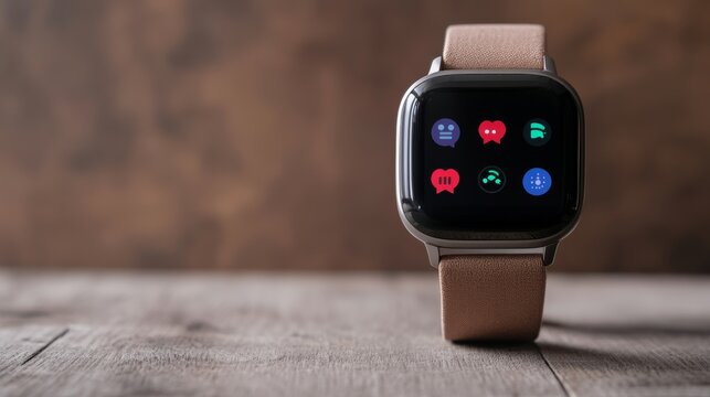 Smartwatch with Notification Icons on Wooden Surface,Wearable tech ,Notifications
