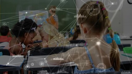Teacher pointing classroom map with network overlay centering braided girl highlighting engagement - Powered by Adobe