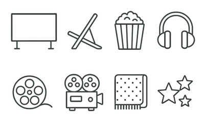 Open air cinema icons set – outline, outdoor movie symbols and entertainment graphics