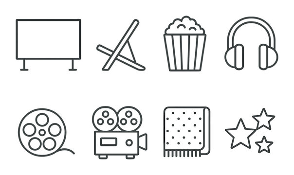 Open air cinema icons set – outline, outdoor movie symbols and entertainment graphics