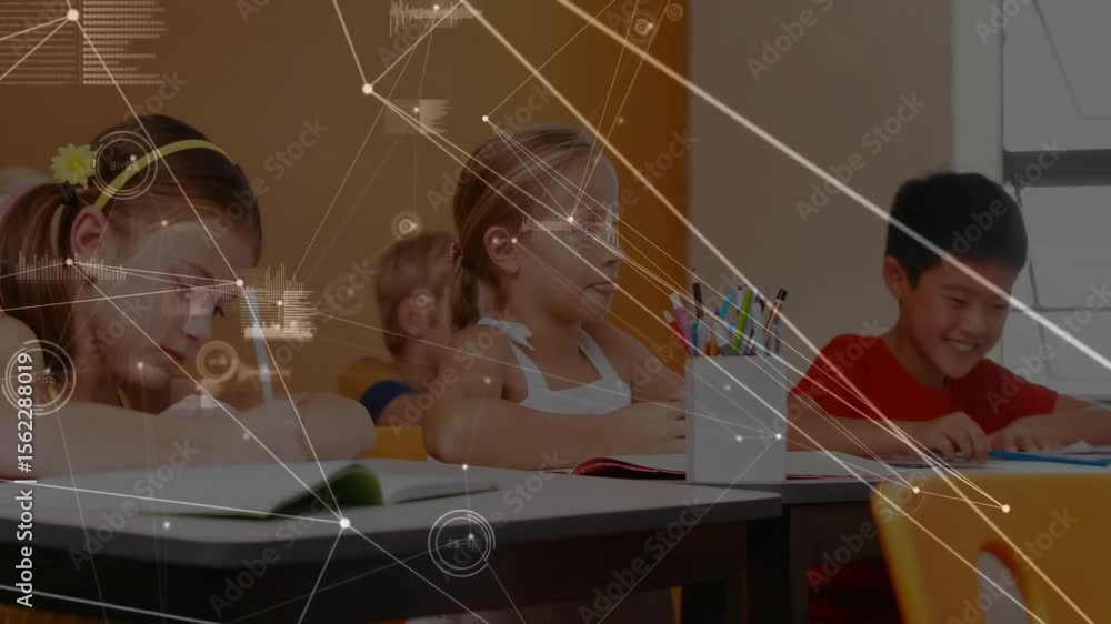 Poster four students writing classwork whispering jokes laughing and refocusing while graphics floating