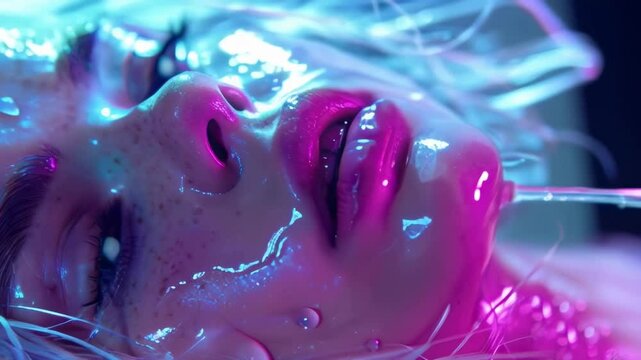 Close-up video of a futuristic AI robot with a macro shot of sparkling neon lights reflecting on its eyes and mouth. The robot's pensive look emphasizes the concept of advanced technology and the futu