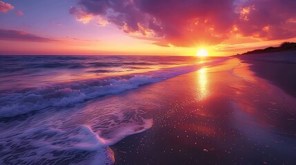 A breathtaking sunset over the ocean with colorful clouds and reflective wet sand beach