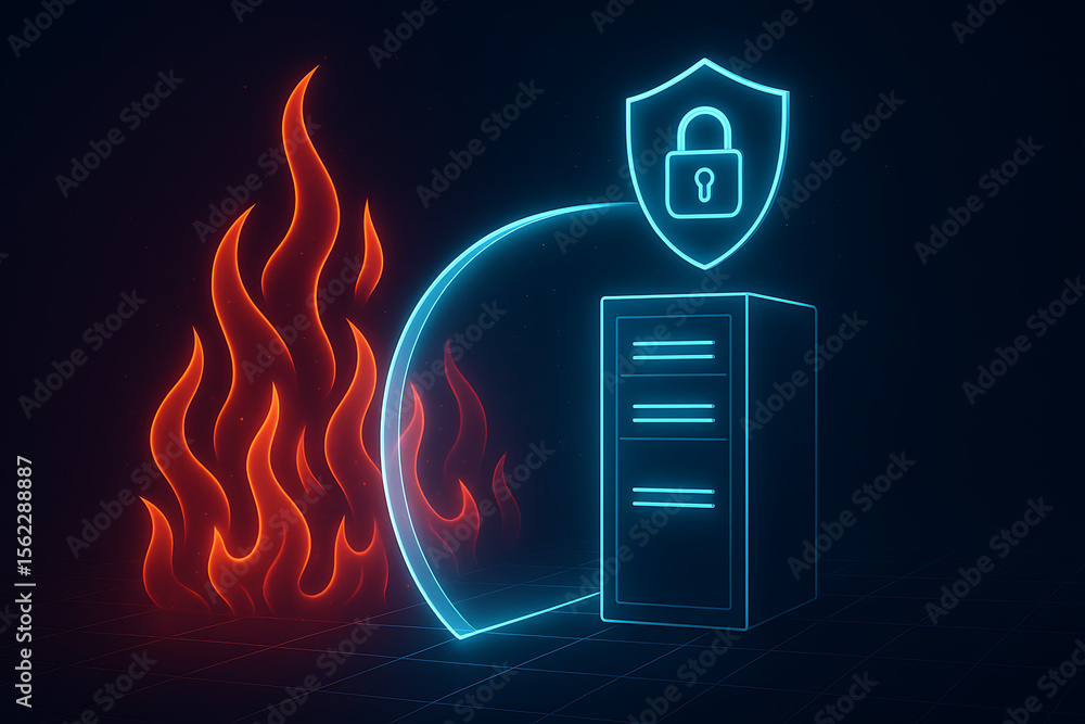 Poster neon digital firewall protecting server from fire a cybersecurity concept representing data security