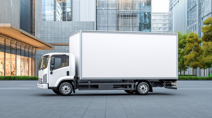 Delivery truck parked in front of a modern glass office building.
