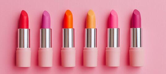 Obraz premium Lipsticks in vibrant shades arranged on a pink background.