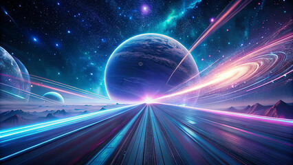 Surreal Sci-Fi Landscape with Glowing Planet, Sunrise Horizon, and Colorful Energy Trails in Outer Space