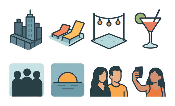 Rooftop party silhouette icons set – celebration, nightlife and social event symbols