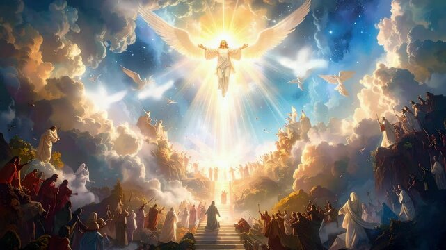 Jesus christ returning to earth with angels and multitudes rejoicing.