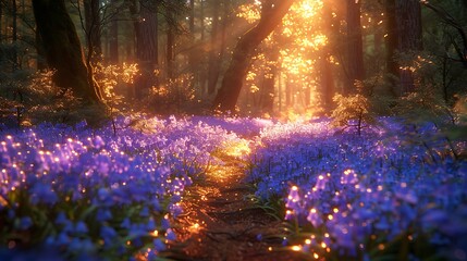 A sunlit path through a forest filled with vibrant purple flowers in soft focus view