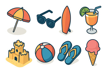 Summer beach icons set – flat, tropical and vacation theme graphics