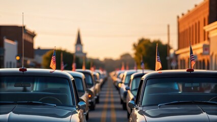 Classic cars lined up on a street with American flags at sunset. independence day concept