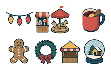 Obraz premium Winter fair icons set - flat, festive and holiday season symbols