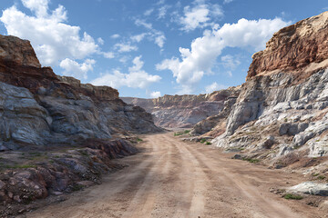 Fototapeta premium Open pit mine landscape with dirt road quarry excavation