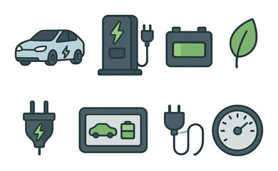 Electric vehicle icons set – outline, eco-friendly transport and charging symbols