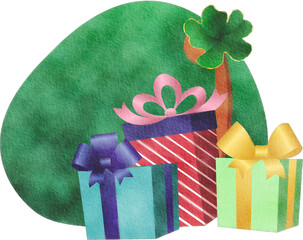 Watercolor holiday gifts and Christmas sack illustration for Christmas decoration