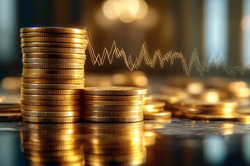 Stacks of coins with overlaid graph, symbolizing finance, investment, and market trends in a golden, reflective setting.