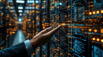 Hand points to glowing server array