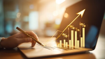 The laptop displaying financial growth trends with graphical elements and data analysis.