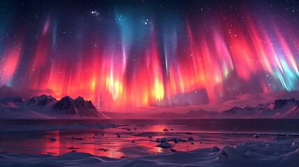A vibrant aurora borealis display over a snowy landscape with water reflections