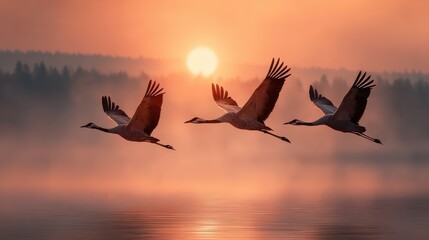 Cranes flying over misty lake at sunrise