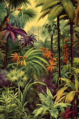 Detailed vintage jungle print featuring layered tropical leaves and vibrant exotic blooms, perfect for luxury wallpaper, fabric prints, or retro decor themes.