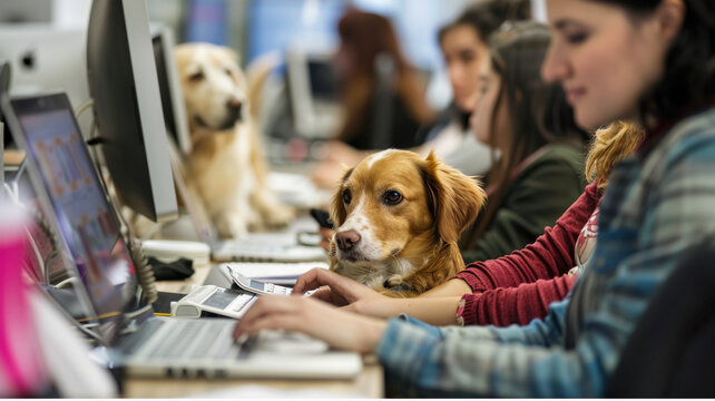 Canine Companionship: Professionals and Happy Dogs Sharing Office Spaces, a Playful Look at Bring Your Dog to Work Day.