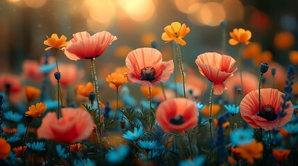 A vibrant field of poppies and wildflowers under a soft, glowing light source above