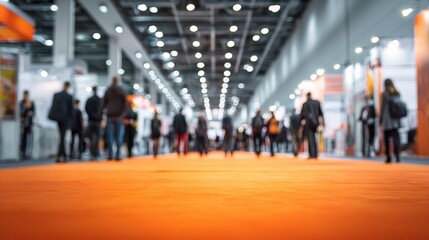 Fototapeta premium Blurred trade show hall with orange carpet. People walking on defocused background in large exhibition center. Trade fair business marketing exposition. International business negotiation incentive