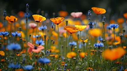 A vibrant field filled with orange poppies and blue cornflowers under soft sunlight