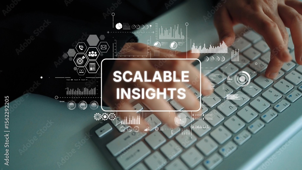 Poster hands typing on keyboard with data graphics and scalable insights concept for business and technolog