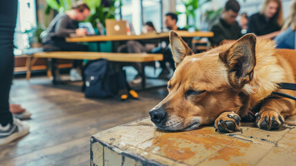  Pet-Friendly Haven: Dogs of Different Breeds Nestle at Owners' Feet in a Lively Office, a Serene Joy on Bring Your Dog to Work Day.
