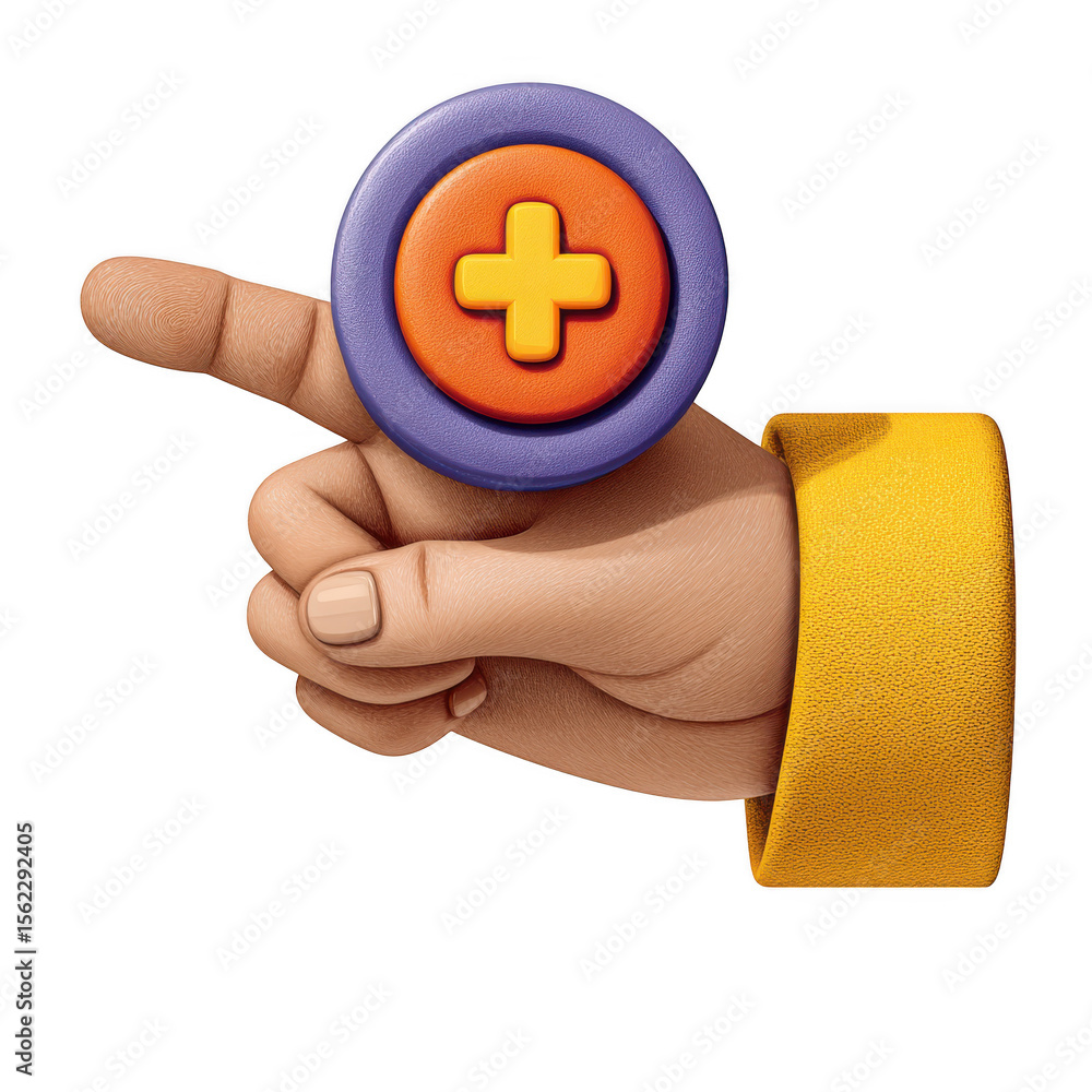 Poster stylized hand pointing to a colorful plus icon isolated on transparent background