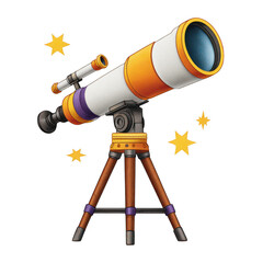 Colorful cartoon telescope with wooden tripod and yellow stars isolated on transparent background