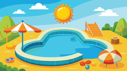 Cartoon Swimming Pool Scene with Sun, Slide, Umbrella, Trees, and Scattered Toys