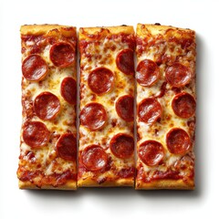 Three rectangular pepperoni pizza slices isolated on white background