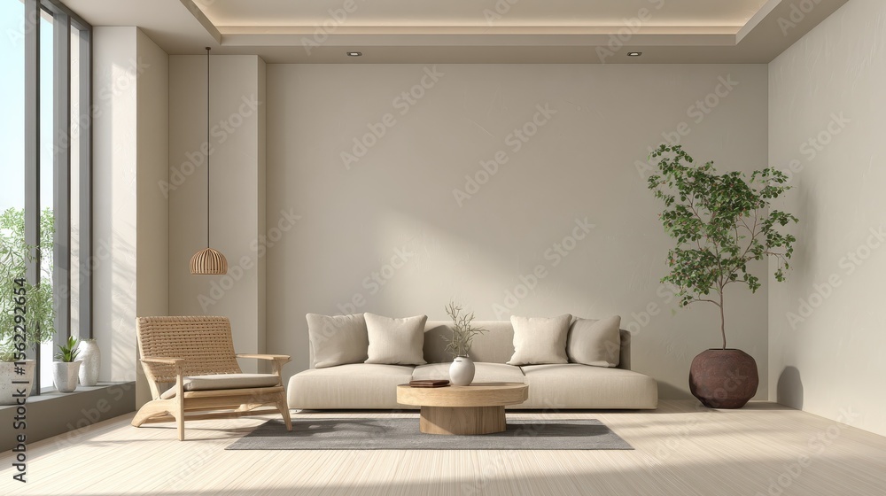 Poster a minimalist living room in soothing tan tones, with ample space for adding text or graphics. the si