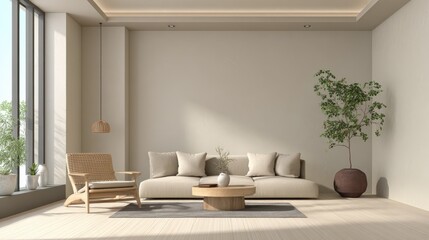 A minimalist living room in soothing tan tones, with ample space for adding text or graphics. The simple yet elegant design is perfect for showcasing modern interior concepts.