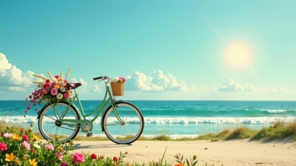 Fototapeta premium Serene Coastal Bicycle Scene with Vibrant Floral Decorations on a Sunny Day