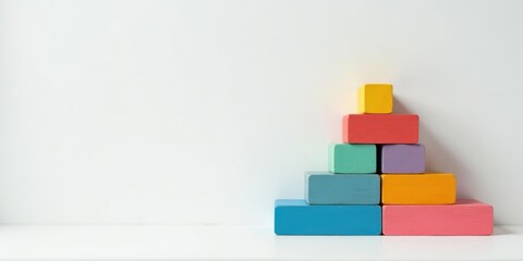 Colorful Wooden Blocks Arranged in a Pyramid Shape on a White Surface