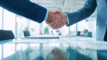 The handshake symbolizing successful business collaboration and partnership in a modern office setting.