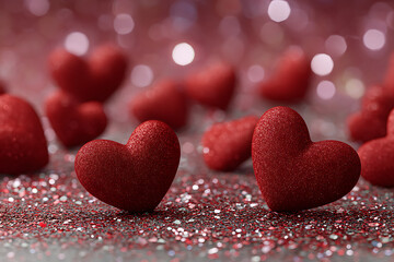 Obraz premium Red glitter hearts sparkling background romantic